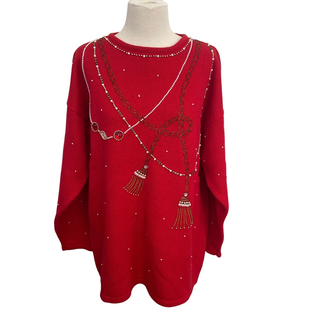 Vintage Karen Scott Red Ugly Christmas Beaded Tassel‎ Sweater Top Large Women's